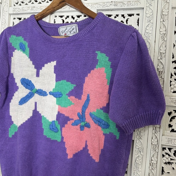 Vintage Recent Works Purple Floral Pastel Short Sleeve Grannycore Sweater - Picture 5 of 8